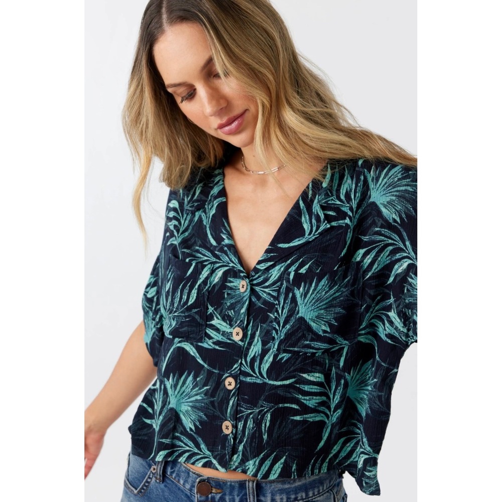 ONeill Womens Tropical Palm Print Button Down Camp Shirt Black Teal Medium